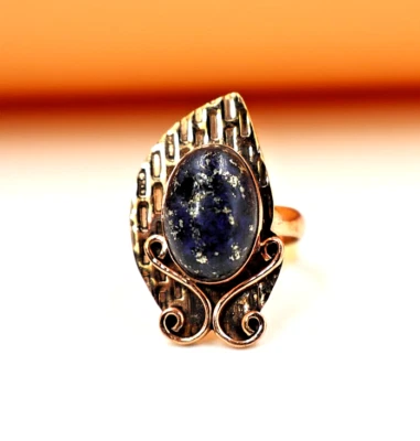 Anel de cura feito à mão lápis-lazúli cobre gravado design boho espiritual EUA"7 - Imagem 1 de 4