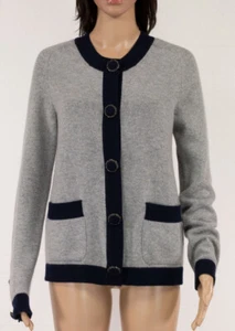 CHANEL 100% CASHMERE GRAY W/NAVY TRIM CARDIGAN SWEATER 2015 PRE-FALL (SALZBURG) - Picture 1 of 8