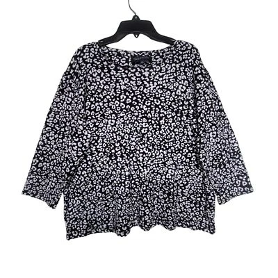 🤩1X Women's basic top Jones New York Black White 3/4 Sleeve cotton animal print - Image 1 of 4