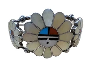 Brazalete Nativo Americano Zuni Esterlina con MOP Coral y Turquesa de Cara Solar - Imagen 1 de 4