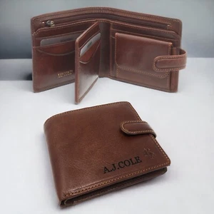 Personalised RFID Luxury Tan Cash & Coin Leather Wallet Men's Daddy Gift Boxed - Picture 1 of 9