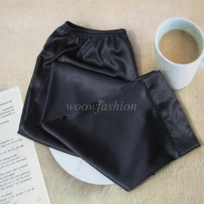 Women Silky Satin Pajama Bottoms Pants Anti-Static Long Pettipants PJ Loungewear - Image 1 of 4
