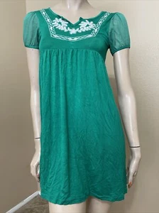 Women’s Green Rayon Casual Sheer Embroidery Stretch Mini One Size Dress Sundress - Picture 1 of 12
