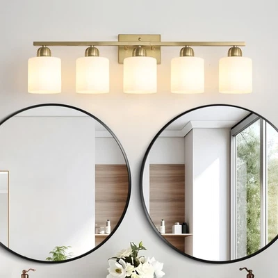 Lámpara de Pared Espejo Baño 32" 5 Luces Pantalla Vidrio Leche Tocador Luz Moderna Dorado Foto 1 de 4