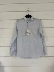 New Zara Kids Boys Long Sleeves Slim Shirt Striped Light Blue Size 13-14 Y692B - Picture 1 of 20