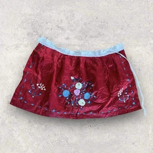 Vintage Silk Handmade Embroidered Red Floral Waist Apron One Size - Picture 1 of 6