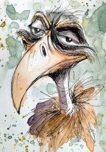 NEW! ACEO Cat Painting big BIRD Original watercolor Collectible Art - Picture 1 of 4