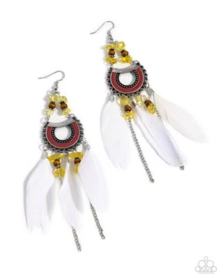 Paparazzi Serene Stage - Yellow - Stones - Beads - Paint - Feathers - Earrings - Image 1 of 2