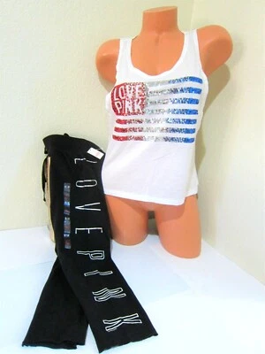 BLING Victoria Secret 粉色亮片美国国旗 7 月 4 日 ❤️ 坦克冠裤 S 套装 — 第 1/4 张图片