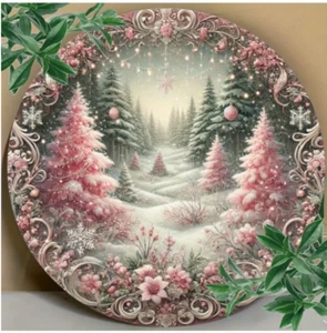 METAL ART- Vintage Pink Christmas Tree Metal Wall Art - Round Artwork 8x8 Inch - Picture 1 of 5