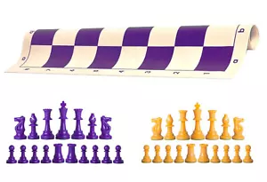 Piezas de ajedrez púrpura y amarillo y tablero de vinilo púrpura de 20" - juego de ajedrez único ponderado - Imagen 1 de 4