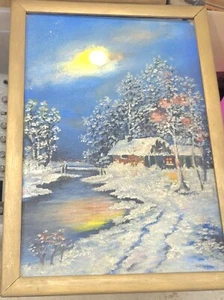 Vintage MCM S.M. Regina Oil Painting w/ Winter Scene House 12x18 Grumbacher - Picture 1 of 7