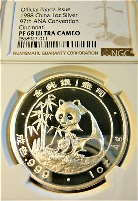 China 1988 Oficial Panda 1 OZ PLATA 97ª Convención ANA NGC PF68 UCAM  Foto 1 de 2