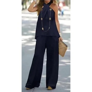 Women Navy Halter Top Wide Leg Pant Set Size M - Picture 1 of 12