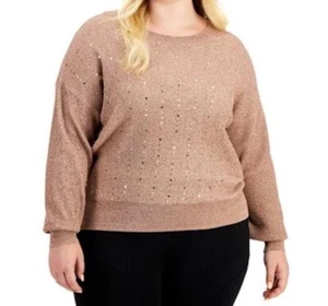 Alfani Womens Size 0X Pullover Sweater Naked Clay Blush Pink Tan Sequined Front - Picture 1 of 9