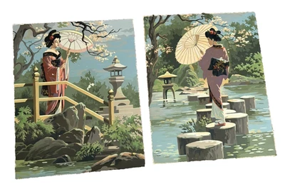 Pair Set Two 2 Vintage MCM Geisha Girl Woman Landscape Garden Painting PBN Art - Image 1 of 4