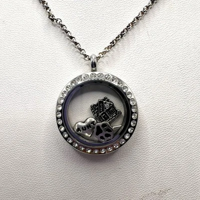 Collar medallón de cristal tono plata ORIGAMI OWL con 4 dijes flotantes Foto 1 de 4