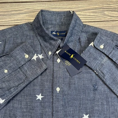 Ralph Lauren Men Long Sleeve Button Up Chambray Blue Stars Pony Shirt Sz XL NEW - Image 1 of 4