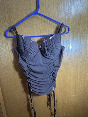 Woman’s  Donna Loren brown corset size large with pink bows  - Image 1 of 4