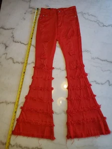 Just Q NAS Fringe Bell Bottoms Lt. Denim Small Red Women's Jeans Rockstar B27 - Picture 1 of 10
