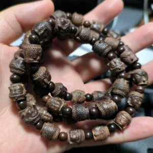 108 Sandal Wood Sculpture Buddha Mala Lucky Bracelet Energy Taseel Beaded - Picture 1 of 6
