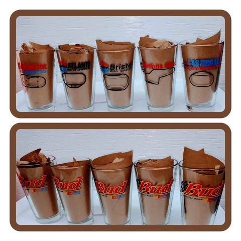 Set Of 5 Budweiser Nascar Race Track Pint Glasses Set Of five Great Condition Cover