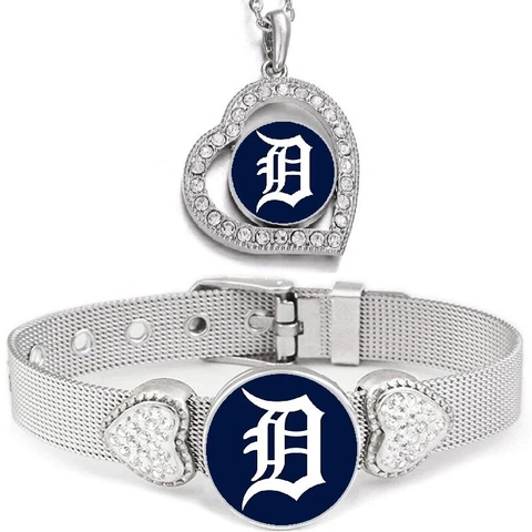 2PcSet Detroit Tigers Womens Sterling Silver Necklace With Bracelet Cover