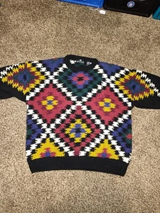 Vintage 90s Structure Knit Patterned Sweater Heavy Large Winter Nordic Geometric - Picture 1 of 7