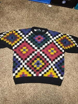 Vintage 90s Structure Knit Patterned Sweater Heavy Large Winter Nordic Geometric - Image 1 of 4