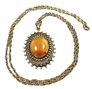 Vtg Victorian Carnelian Agate Antiqued Gold Tone Necklace W/Braided 29” Chain - Picture 1 of 13