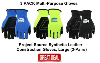 Synthetic Leather Construction Gloves, Project Source Large (3-Pairs) NEW - Image 1 of 4