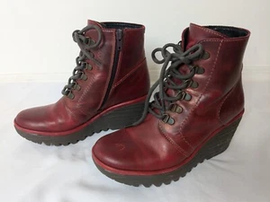 Size 38 New Fly London Ygot Burgundy Leather Lace Up Womens Wedge Platform Boots - Picture 1 of 9