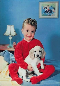 Vintage Italian Cute Boy in Red Pajamas w Dog Children Photo Postcard - Picture 1 of 2