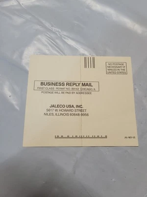 NES Jaleco Membership Warranty Registration Card Insert JAL-NES-US - Image 1 of 2