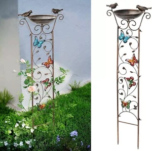 112cm Tall Dual-Purpose Bronze Finish Metal Staked Garden Trellis and Birdbath - Picture 1 of 25