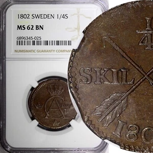 SWEDEN Gustav IV Adolf 1802 1/4 Skilling NGC MS62 BN  KM# 564 (025) - Picture 1 of 5