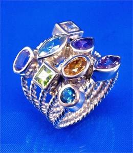 STERLING SILVER 5-ROW MULTI SHAPE & COLOR GEMSTONE WIDE CABEL RING, SZ-7 - Picture 1 of 3
