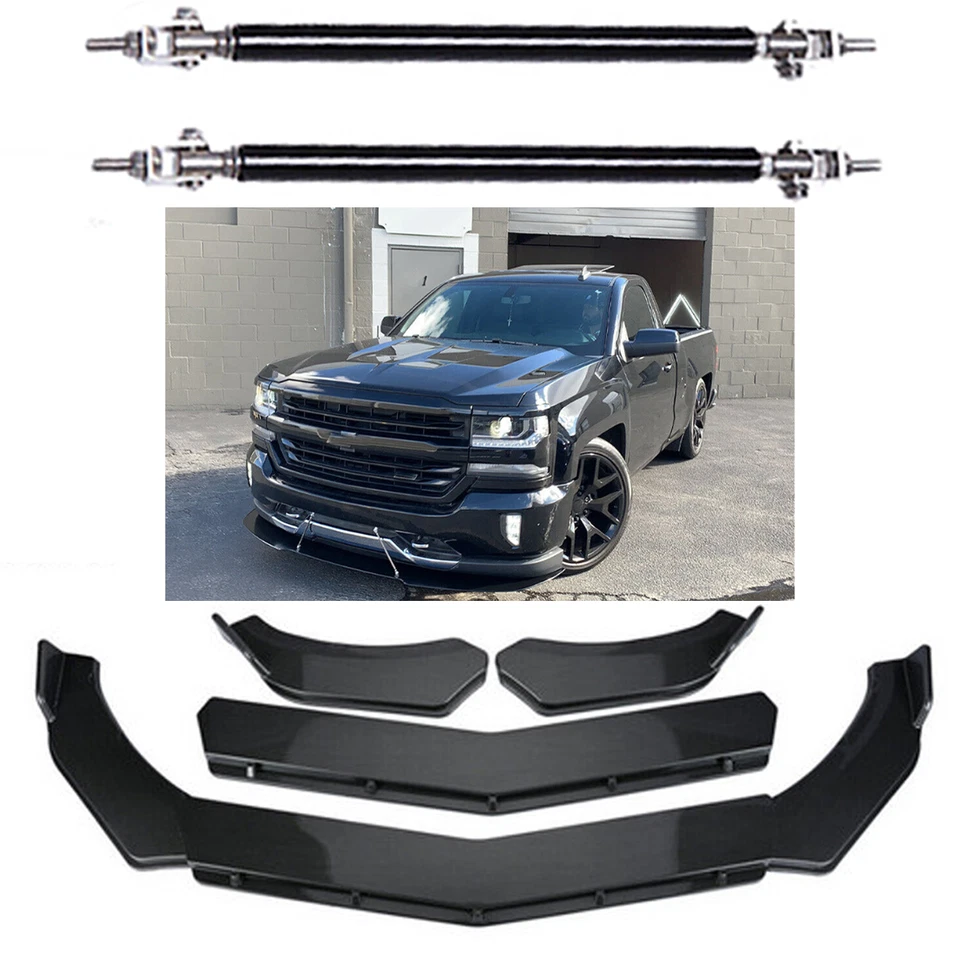 Carbon Front Bumper Lip Spoiler Body Kit + Strut Rods For Chevy Silverado 1500 Foto 1 de 4