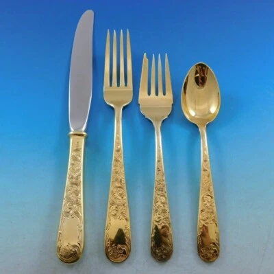 Antiguo juego de 12 cubiertos de plata esterlina Kirk oro grabado Maryland Vermeil Foto 1 de 4