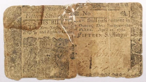 1760 New Jersey Fifteen Shillings Colonial Currency, Heavily Circulated + Taped - Picture 1 of 2