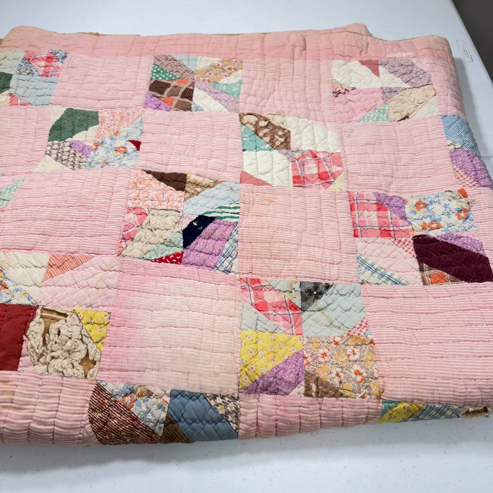 vintage handmade quilt twin patchwork pink feedsack cotton rustic primitive - Image 1 of 4