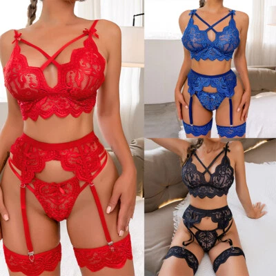 Женщин подвязки белье кружева бюстгальтер и трусики комплект сексуальный 3 шт белье комплект с ремнем - Изображение 1 из 4