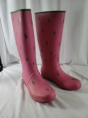 RALPH LAUREN POLO FEMININO Tamanho 7 - BOTAS DE BORRACHA ROSA COM CAVALOS VERDES - FRETE GRÁTIS - Imagem 1 de 4