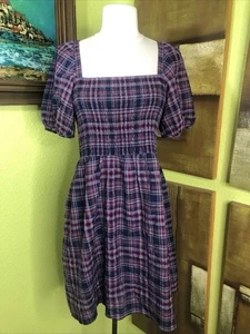 Madewell Plaid Mini Dress S Cottagecore Academia Puff Sleeve Picnic Fall Cotton - Picture 1 of 6