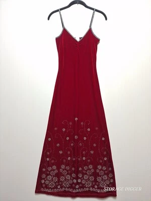Maxi Vestido Vintage ING EE. UU. Para Mujer M Rojo Terciopelo Cuello Corazón Correa de Espagueti Foto 1 de 4