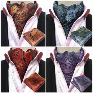 Men Paisley Floral Cravat Ascot Necktie Wedding Matching Hanky Pocket Square Set - Picture 1 of 5