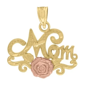 10k Two-Tone Gold Diamond-Cut Mom Rose Letters and Words Charm Pendant 1gm - Picture 1 of 3