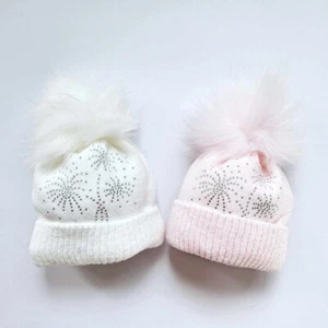 Baby Girls Faux fur pom hat pink / white Newborn - 12 month - Picture 1 of 9