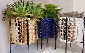 Ceramic Plant Pot & Raised Metal Stand Rack Modern Plant Pot Holder Home Decor - Picture 1 of 22