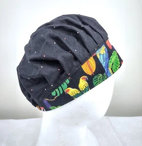 Scrub Cap Small Chemo Chef Handmade Cotton Close Fit Black Tropical 21.5”-31.5” - Picture 1 of 8